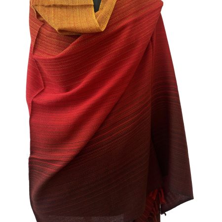 Meirno wool handwoven shawl in gradtion with shades ranging from deep maroon to crimson and tangerine