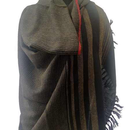 Merino wool handwoven shawl in black with vertical stripes in light elm shade and a red selvedge