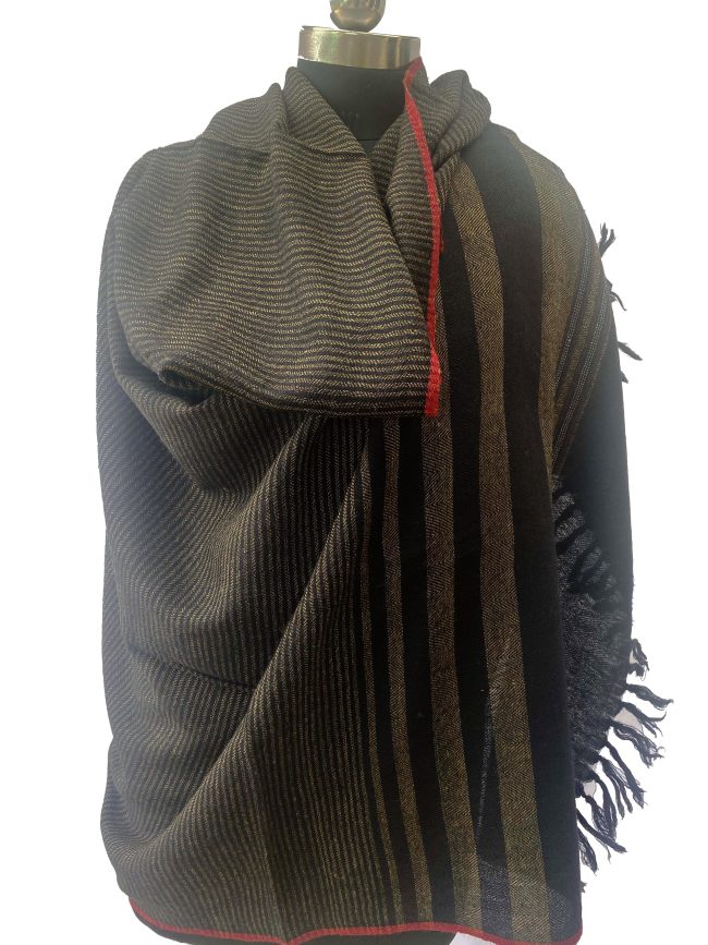 Merino wool handwoven shawl in black with vertical stripes in light elm shade and a red selvedge