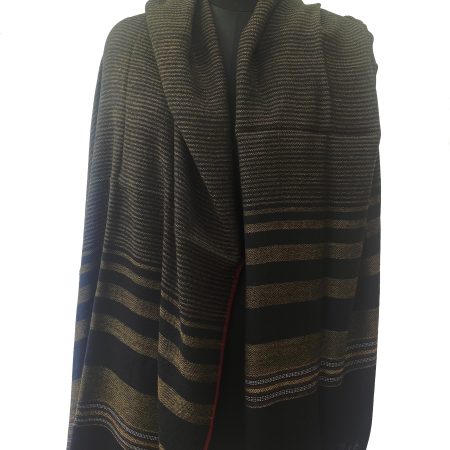 Merino wool handwoven shawl in black with vertical stripes in light elm shade and a red selvedge