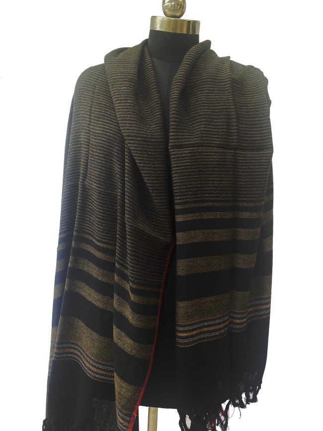 Merino wool handwoven shawl in black with vertical stripes in light elm shade and a red selvedge