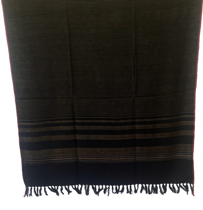 Merino wool handwoven shawl in black with vertical stripes in light elm shade and a red selvedge