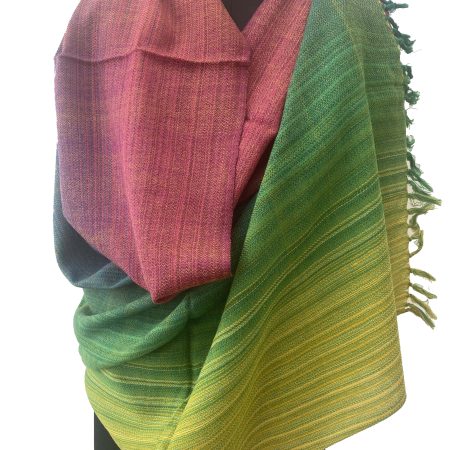 Handwoven merino wool shawl in gradation shades ranging from lime green to pistachio to violet and ending with a blush pink