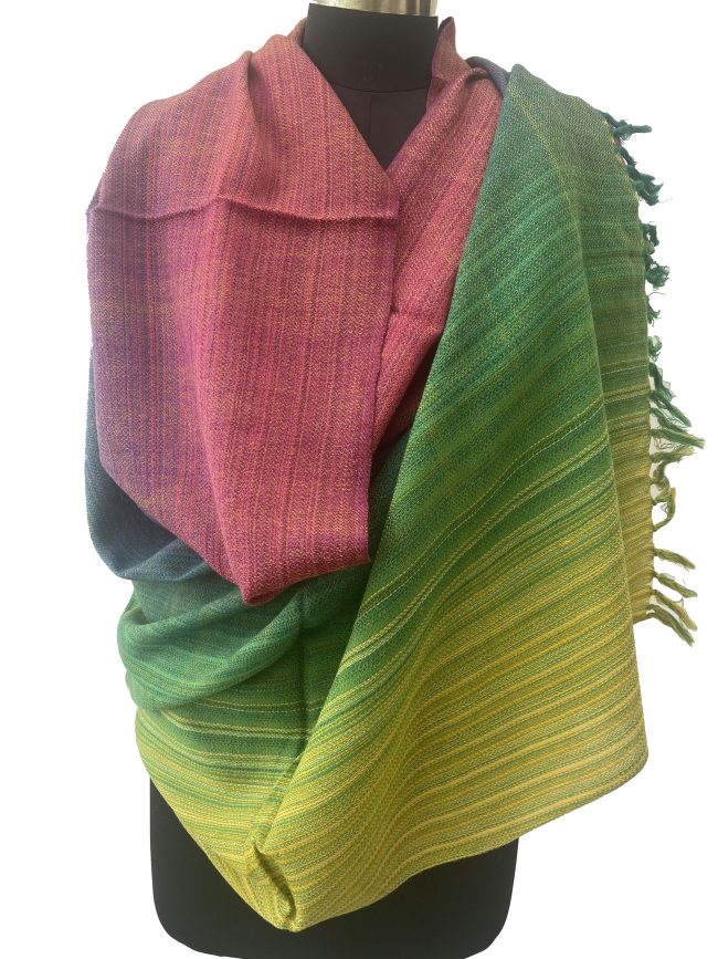 Handwoven merino wool shawl in gradation shades ranging from lime green to pistachio to violet and ending with a blush pink