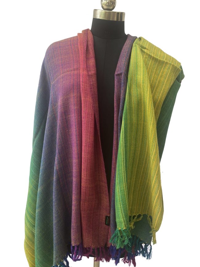 Handwoven merino wool shawl in gradation shades ranging from lime green to pistachio to violet and ending with a blush pink