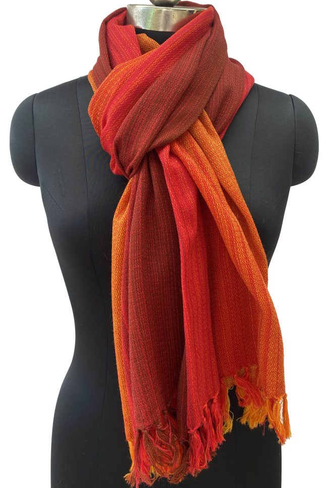 Merino wool handwoven stole in shades of red and yellow