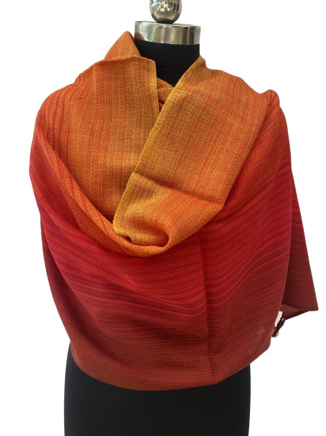 Merino wool handwoven stole in shades of red and yellow