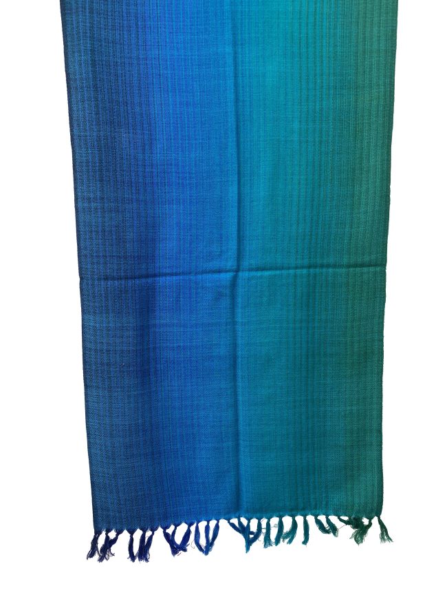 Merino wool handwoven stole in gradient weave in shades of emerald green, ultramarine blue and azure