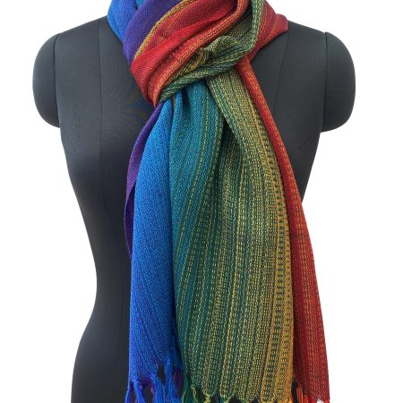 Merino wool handwoven stole in gradation weave in shades - from left right - purple, indigo, blue, green, yellow and red