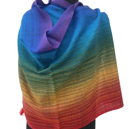 Merino wool handwoven stole in gradation weave in shades - from left right - purple, indigo, blue, green, yellow and red