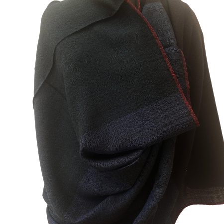 Handwoven merino wool shawl with wide bands of midnight buke, deep slate and black with a thin selvedge in red