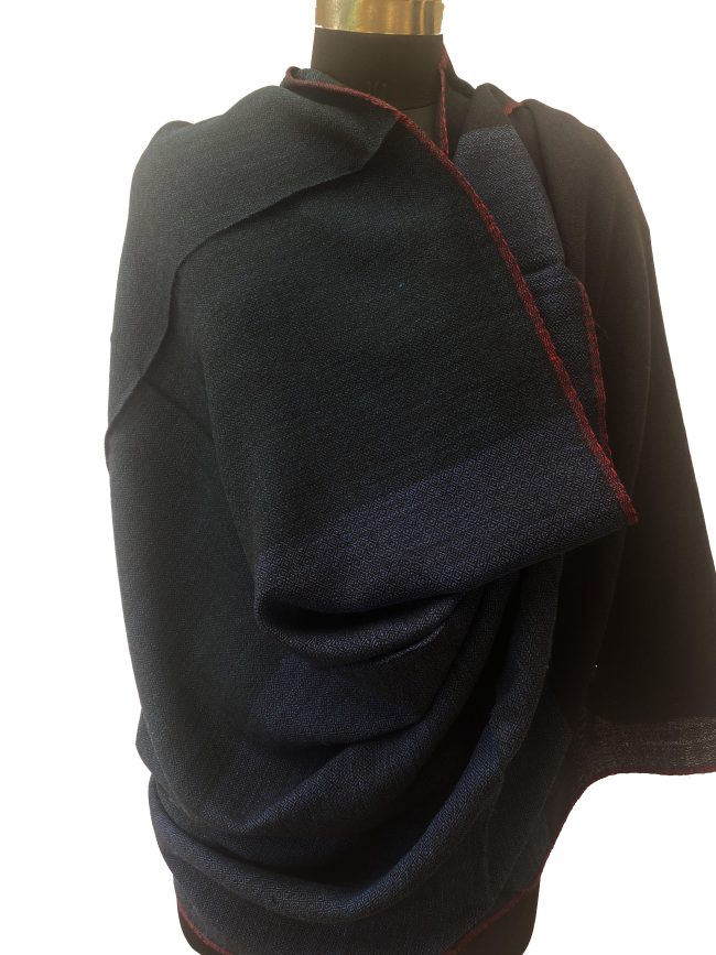 Handwoven merino wool shawl with wide bands of midnight buke, deep slate and black with a thin selvedge in red