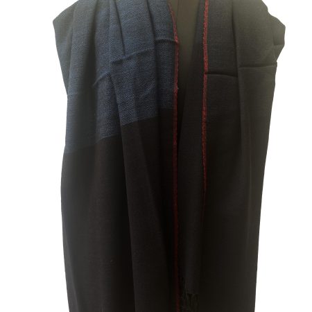 Handwoven merino wool shawl with wide bands of midnight buke, deep slate and black with a thin selvedge in red