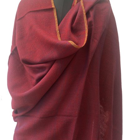 Handwoven merino wool shawl with horizontal bands of mahogany, ruby red and maroon with a thin selvedge in muted gold