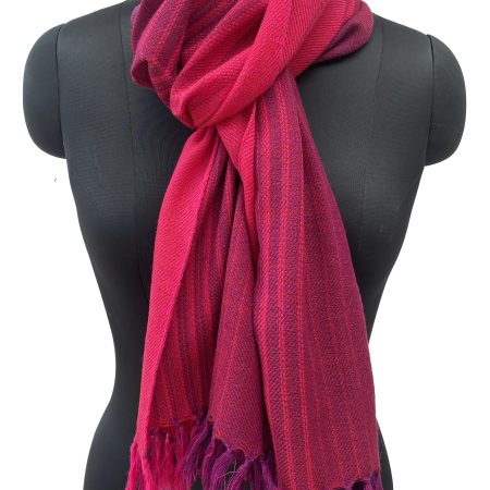 Handwoven merino wool stole in gradation weave in shades - from left right - cherry and salsa red