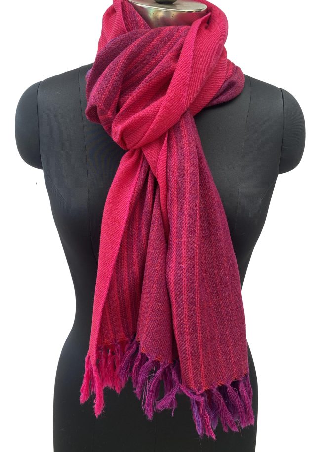 Handwoven merino wool stole in gradation weave in shades - from left right - cherry and salsa red