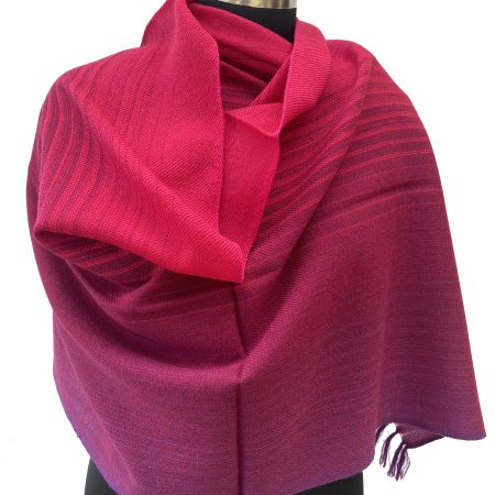 Handwoven merino wool stole in gradation weave in shades - from left right - cherry and salsa red