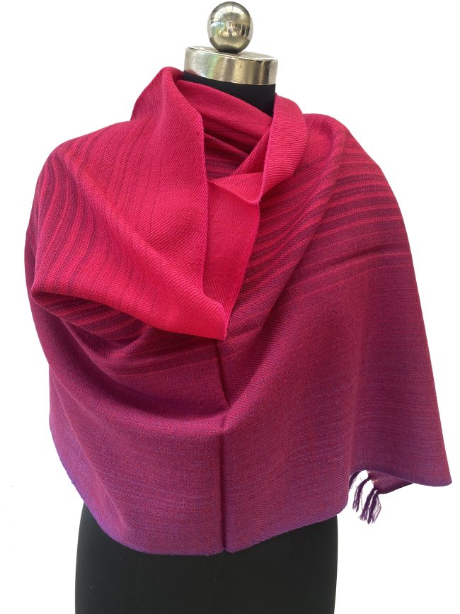 Handwoven merino wool stole in gradation weave in shades - from left right - cherry and salsa red