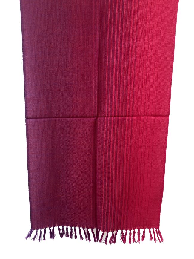 Handwoven merino wool stole in gradation weave in shades - from left right - cherry and salsa red