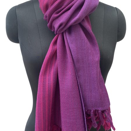 Handwoven merino wool stole in gradation weave in shades - from left right - in deep fig and magenta