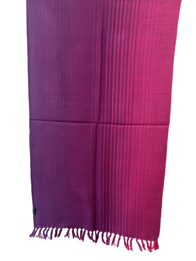 Handwoven merino wool stole in gradation weave in shades - from left right - in deep fig and magenta