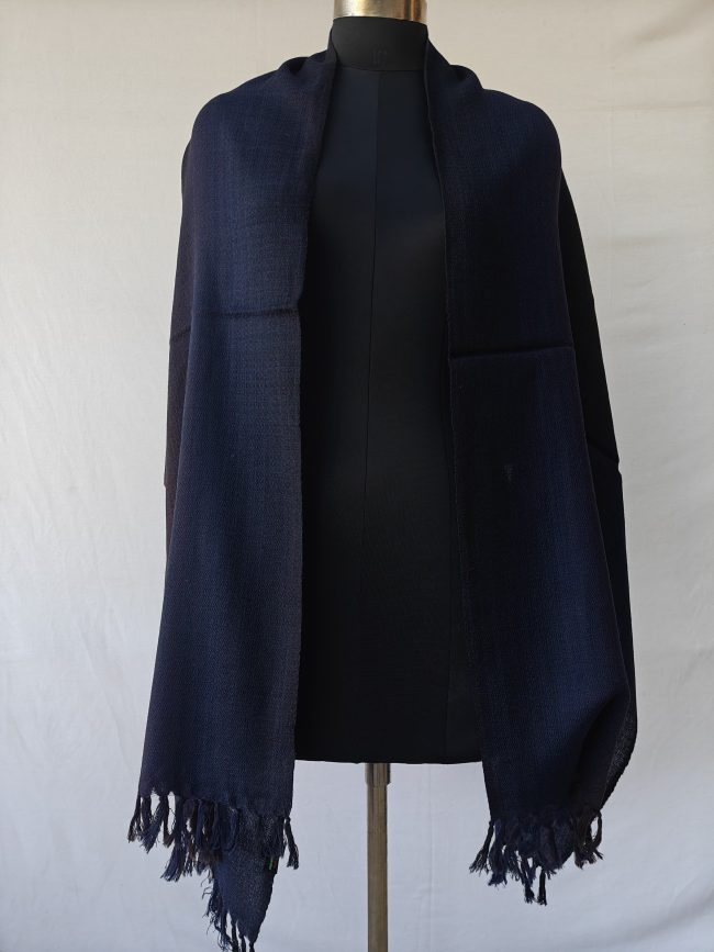 Merino wool stole in gradation weave - in shades of midnight and royal blue with a hint of orange in the middle