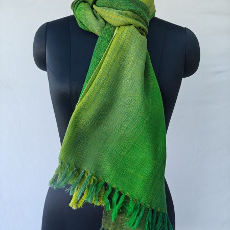 Merino wool ombre stole in shades of lime green, sage green, leaf green, and deep emerald green