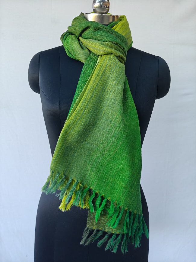 Merino wool ombre stole in shades of lime green, sage green, leaf green, and deep emerald green