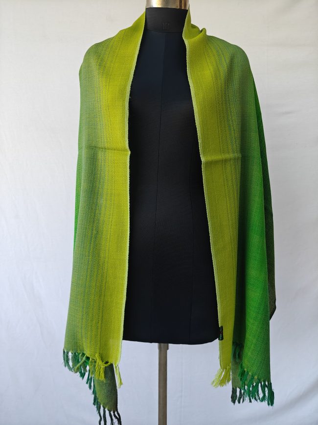 Merino wool ombre stole in shades of lime green, sage green, leaf green, and deep emerald green